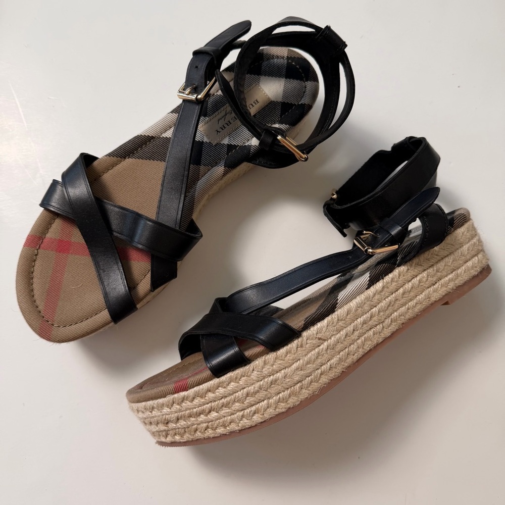 Burberry black leather wedge sandals